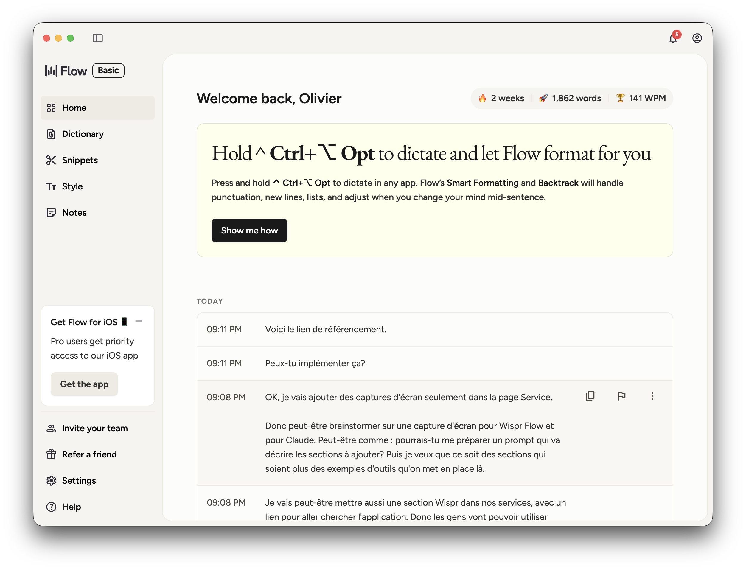 Wispr Flow en action, dictée intelligente dans une application